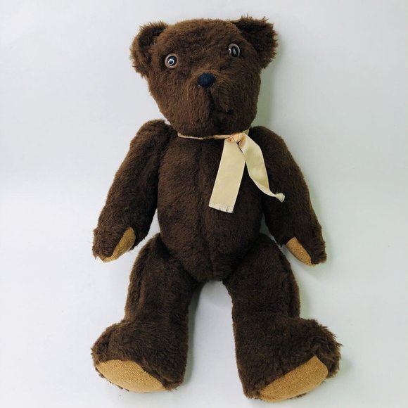 Vintage Dark Brown Teddy Bear 15" Jointed Retired Plush Toy Ribbon Bow Tie - Picture 2 of 6
